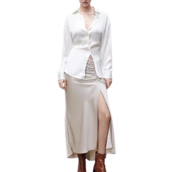 Zara Champagne Beige Ruched Satin-Effect Midi Skirt High Slit Bias Cut Sz Small - Picture 2 of 11